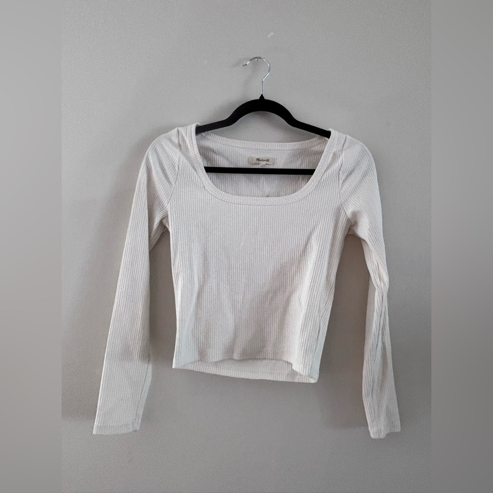 Madewell Cream Ribbed Long-Sleeve Scoop Neck Top, Size Small - Picture 1 of 4